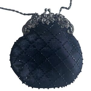 Vintage Jessica McClintock Black Quilted Satin Clutch with Silver Chain